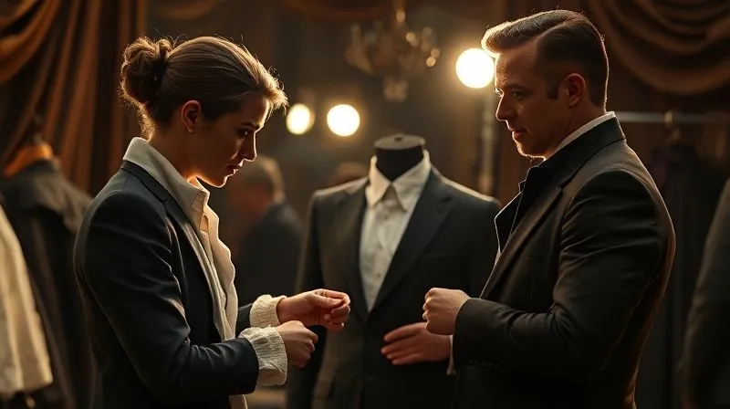 photorealistic, professional photography, 8K, cinematic lighting, sharp focus, depth of field, shot on a high-end DSLR, a costume designer, actor, and dresser in a backstage setting, collaboratively discussing a costume, pointing to a specific fastener, soft theatrical lighting, conveying teamwork and problem-solving