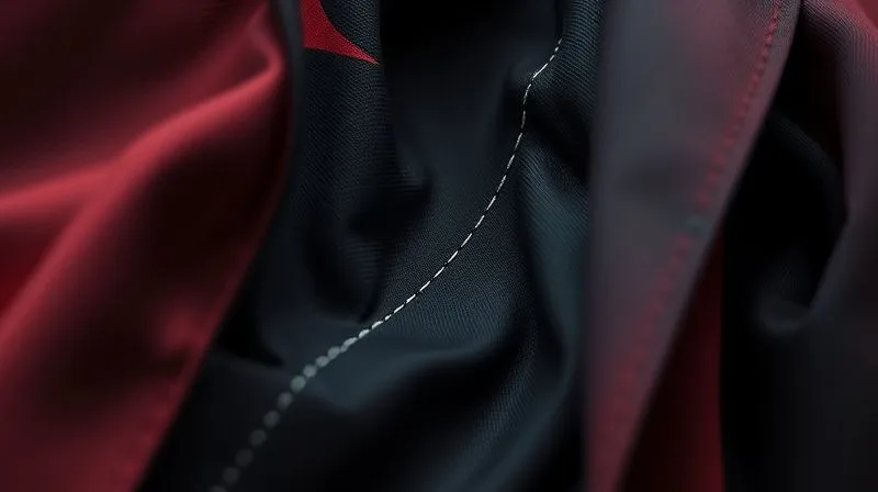 A photorealistic, professional photography, 8K, cinematic lighting, sharp focus, depth of field, shot on a high-end DSLR, showing a close-up of a costume's interior, highlighting a beautifully executed double-stitched seam reinforced with a power mesh lining in a strategic area, with thread ends neatly trimmed and secured.