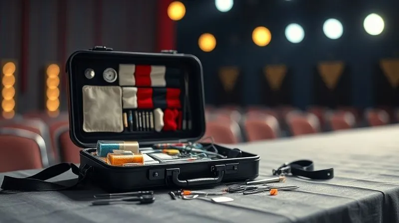 A photorealistic, professional photography, 8K, cinematic lighting, sharp focus, depth of field, shot on a high-end DSLR, showing a neatly organized, compact theatrical costume repair kit laid open on a backstage table, with sewing notions, threads, patches, and small tools visible, against a softly blurred background of stage lights.