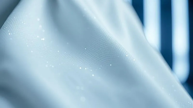 A photorealistic, professional photography, 8K, cinematic lighting, sharp focus, depth of field, shot on a high-end DSLR, showing a close-up of a futuristic stage costume fabric, subtly shimmering and textured, with visible micro-fibers or a unique weave pattern, suggesting advanced durability and innovation, against a blurred, abstract stage backdrop.