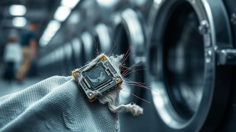 A photorealistic close-up of a damaged smart fabric swatch, showing frayed conductive threads and a cracked sensor, with blurred industrial laundry machinery in the background, conveying the harshness of the environment. Professional photography, 8K, cinematic lighting, sharp focus, depth of field, shot on a high-end DSLR.