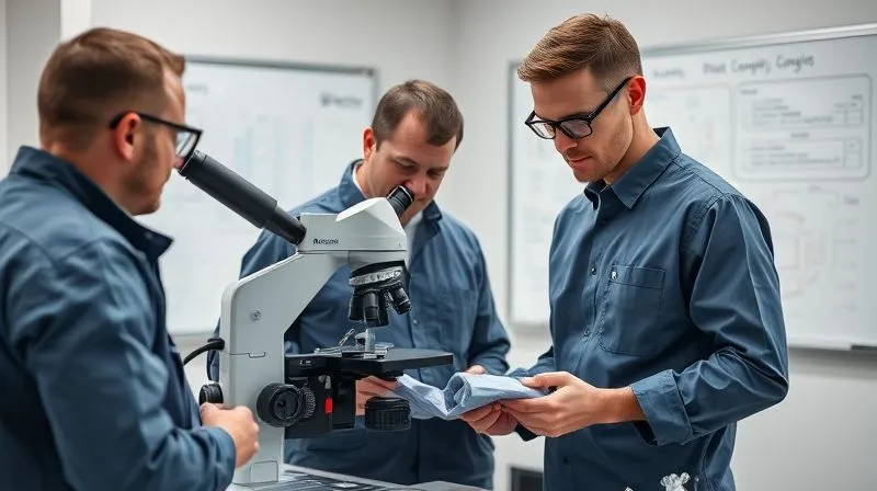 A photorealistic image of a team of textile engineers and laundry specialists collaborating in a clean industrial lab, examining a durable smart uniform under a microscope. There's a whiteboard in the background with diagrams of washing cycles and material structures. Professional photography, 8K, cinematic lighting, sharp focus, depth of field, shot on a high-end DSLR.