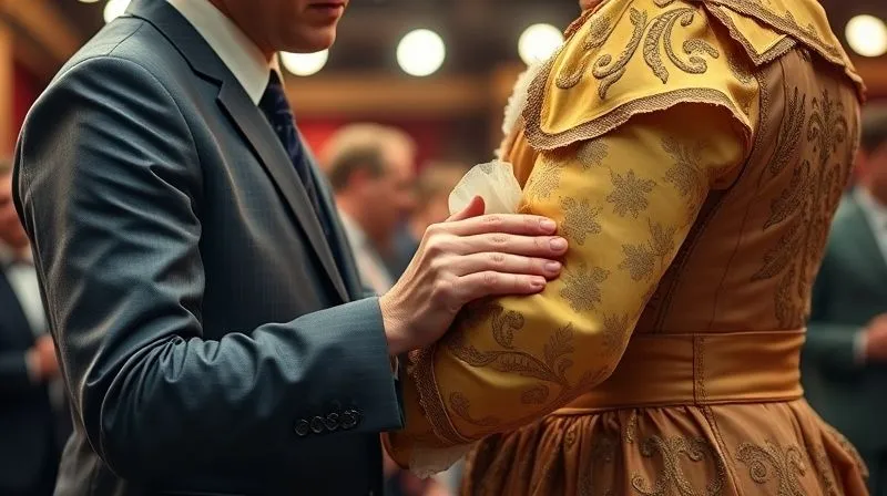 photorealistic, professional photography, 8K, cinematic lighting, sharp focus, depth of field, shot on a high-end DSLR, backstage at a busy theatre. A dresser is carefully helping an actor into an ornate costume, gently guiding their arm through a sleeve. The costume features intricate textile art, and the dresser's hands are strategically avoiding these delicate areas, emphasizing careful handling during a quick change. The background is bustling but blurred.