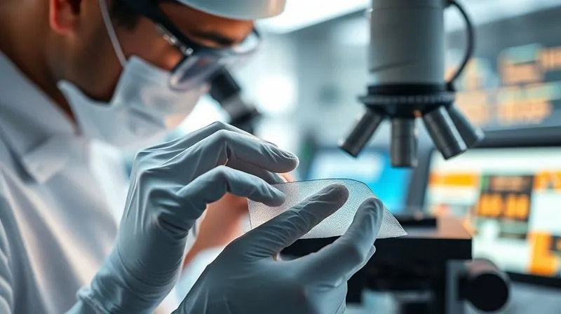photorealistic, professional photography, 8K, cinematic lighting, sharp focus, depth of field, shot on a high-end DSLR, a close-up of a textile scientist in a modern, clean lab, wearing gloves, examining a piece of advanced fabric under a microscope. The background shows blurred lab equipment and glowing screens, suggesting cutting-edge research in textile durability.