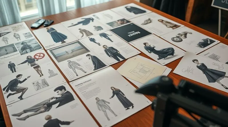A photorealistic, professional photography shot of a meticulously detailed fashion editorial storyboard laid out on a large wooden table, showcasing mood boards, character sketches, location references, and costume details, cinematic lighting, sharp focus on the intricate elements, depth of field blurring the background, 8K hyper-detailed, shot on a high-end DSLR.
