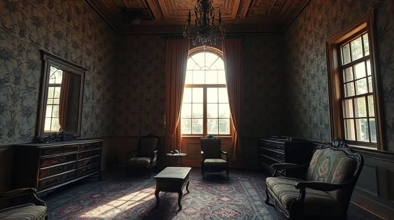 A photorealistic, professional photography shot of an evocative, richly textured abandoned mansion interior, sunlight streaming through dusty windows, revealing peeling wallpaper and antique furniture, a sense of silent history, cinematic lighting, sharp focus on the intricate details, depth of field blurring distant elements, 8K hyper-detailed, shot on a high-end DSLR.