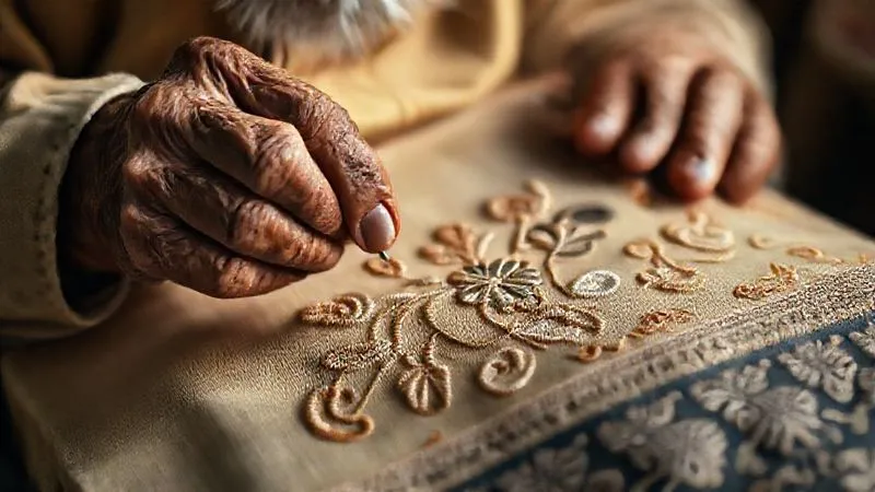 Photorealistic, professional photography, 8K, cinematic lighting, sharp focus, depth of field, shot on a high-end DSLR. Close-up of an elderly, wise artisan's hands, gnarled but delicate, meticulously performing intricate embroidery on a piece of haute couture fabric, with a sense of passing on knowledge. Soft, warm light illuminates the work.