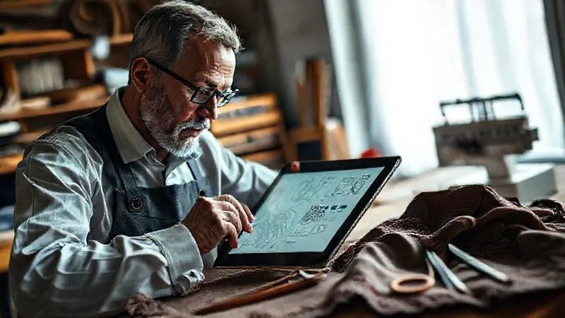 Photorealistic, professional photography, 8K, cinematic lighting, sharp focus, depth of field, shot on a high-end DSLR. A skilled haute couture artisan, focused and serious, using a high-resolution digital tablet to review intricate design patterns, while next to them, traditional embroidery tools and a partially finished garment lie on a workbench, symbolizing the harmonious blend of modern technology and heritage craft.
