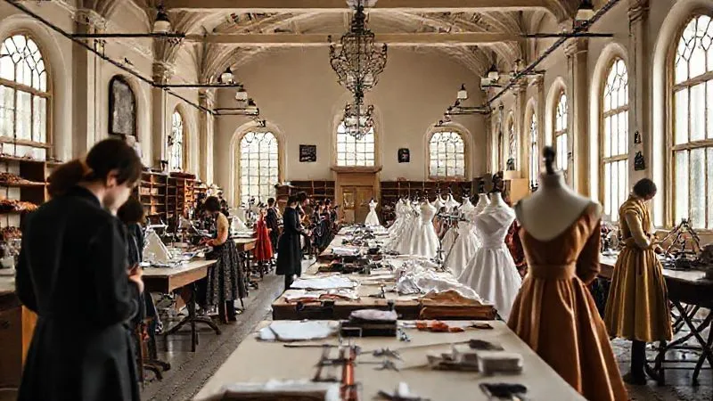 Photorealistic, professional photography, 8K, cinematic lighting, sharp focus, depth of field, shot on a high-end DSLR. A grand, historic fashion atelier with high ceilings and large windows, bustling with a diverse group of young students and experienced mentors collaboratively working on various haute couture projects. The scene conveys a vibrant learning environment where tradition meets innovation under institutional support.