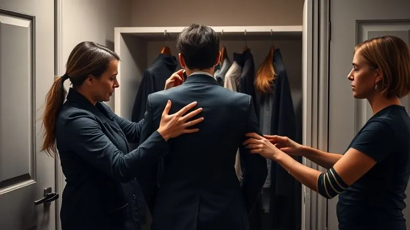 photorealistic, professional photography, 8K, cinematic lighting, sharp focus, depth of field, shot on a high-end DSLR, a wardrobe crew of three, focused and professional, assisting an actor in a quick change backstage, hands moving with precision, costume pieces flowing, soft practical lights, a sense of teamwork and quiet urgency