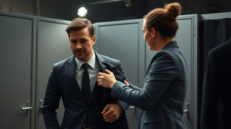 photorealistic, professional photography, 8K, cinematic lighting, sharp focus, depth of field, shot on a high-end DSLR, an actor backstage practicing a quick costume change with a wardrobe assistant, the actor is focused and agile, the assistant is guiding a garment, motion blur subtly conveying speed, soft stage lights illuminating the practice area
