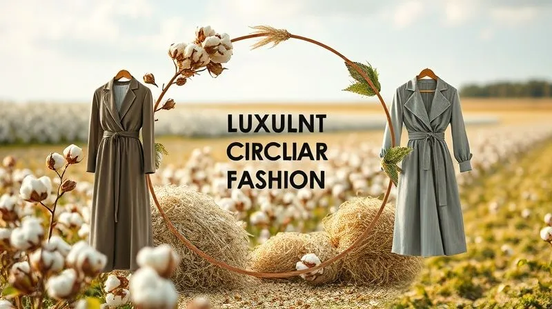 A conceptual, photorealistic image illustrating the circular economy for luxury fashion. Elegant womenswear garments are shown in various stages: raw materials (organic cotton fields, recycled fiber piles), design, manufacturing, consumer use, and then being collected for repair or recycling. The elements are arranged in a gentle, flowing circle, symbolizing sustainability and regeneration. Cinematic lighting, sharp focus, depth of field, 8K, shot on a high-end DSLR.