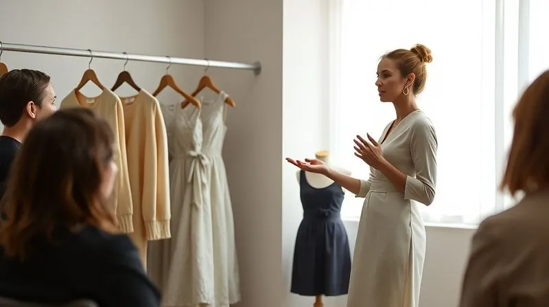 A professional, photorealistic image of a luxury womenswear designer presenting a collection of elegant, sustainably sourced garments to a small, attentive audience in a chic, minimalist showroom. The designer is speaking passionately, gesturing towards the beautiful fabrics. Soft, natural light illuminates the scene, highlighting the textures and ethical labels. The atmosphere is sophisticated and inspiring, 8K, cinematic lighting, sharp focus, depth of field, shot on a high-end DSLR.