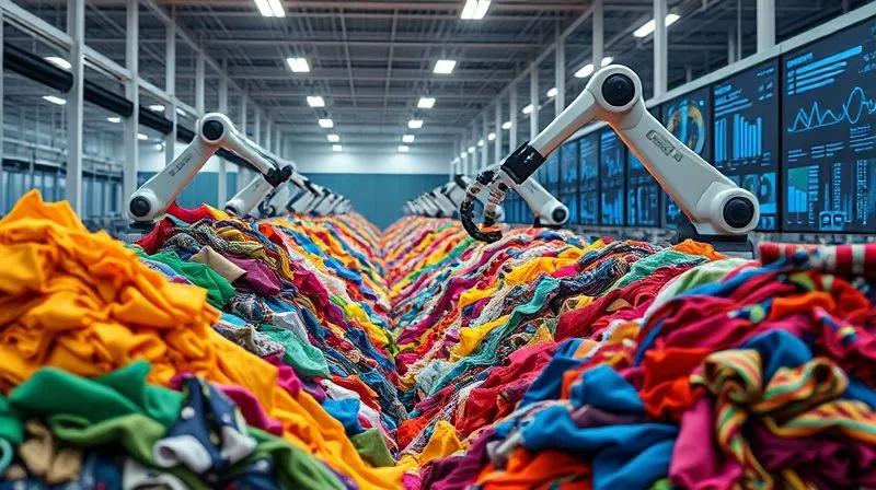 Photorealistic, professional photography, 8K, cinematic lighting, sharp focus on a futuristic textile sorting facility. Robotic arms are precisely scanning and categorizing large piles of vibrant, diverse reclaimed fabrics under bright, analytical lights. Digital screens in the background display complex algorithms and data visualizations of material properties, symbolizing advanced AI and machine vision in upcycling, shot on a high-end DSLR.