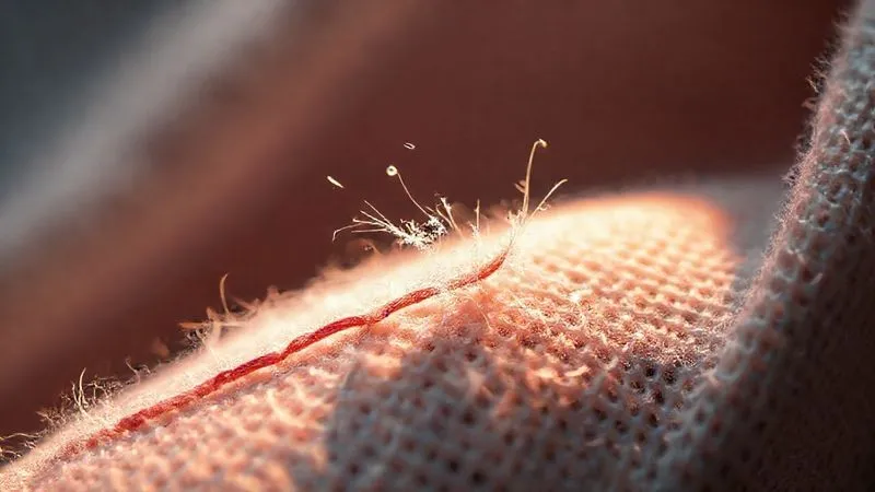 Photorealistic, professional photography, 8K, cinematic lighting, sharp focus, depth of field, shot on a high-end DSLR. A close-up, macro shot of a delicate, hand-embroidered textile, showing a single thread visibly frayed and brittle, with tiny dust particles illuminated by a harsh theatrical spotlight, symbolizing degradation.