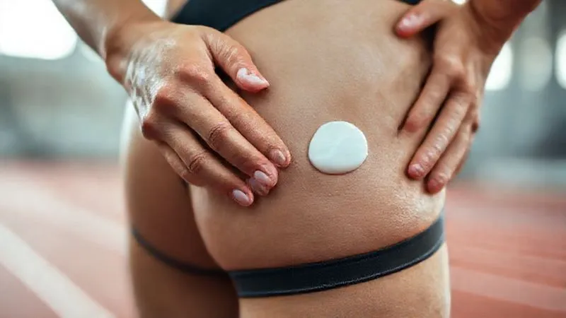 A photorealistic close-up of an athlete's hand gently applying an anti-chafing balm to their inner thigh, with a focus on the smooth, protective layer forming on the skin. The background is a subtly blurred gym or track setting. Cinematic lighting, professional photography, 8K, sharp focus, depth of field, shot on a high-end DSLR, emphasizing care and prevention.