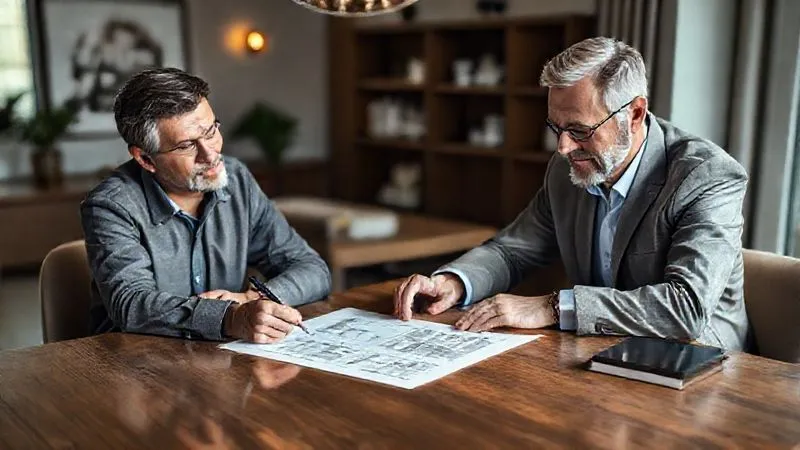 Photorealistic, professional photography, 8K, cinematic lighting, sharp focus, depth of field. A designer and a client sitting at a beautifully arranged studio table, reviewing a detailed design schematic and signing a document labeled 'Design Lock-In Agreement'. There's a sense of mutual understanding and professionalism. Soft, warm lighting illuminates the scene.