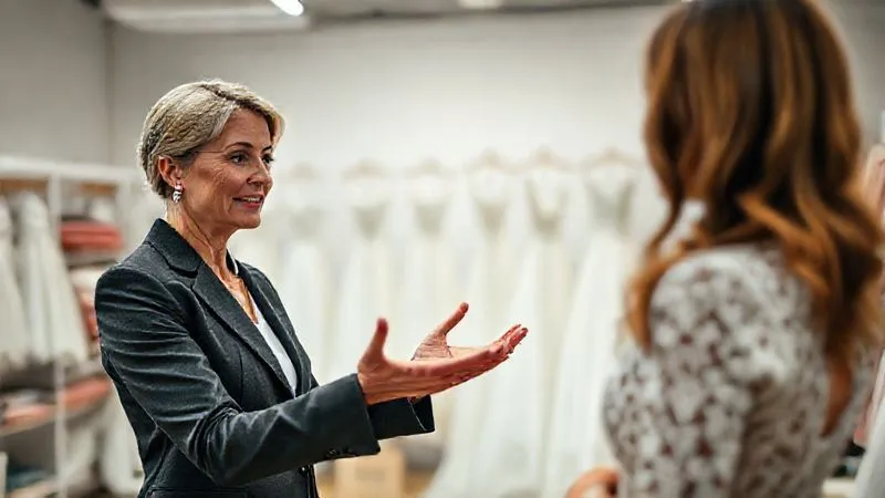 Photorealistic, professional photography, 8K, cinematic lighting, sharp focus, depth of field. A confident bridal designer, dressed professionally, gently but firmly gesturing with open hands towards a client, who is listening attentively. The background shows a beautifully organized custom bridal studio with fabric swatches and design sketches, conveying professionalism and expertise. The interaction is respectful and guiding.
