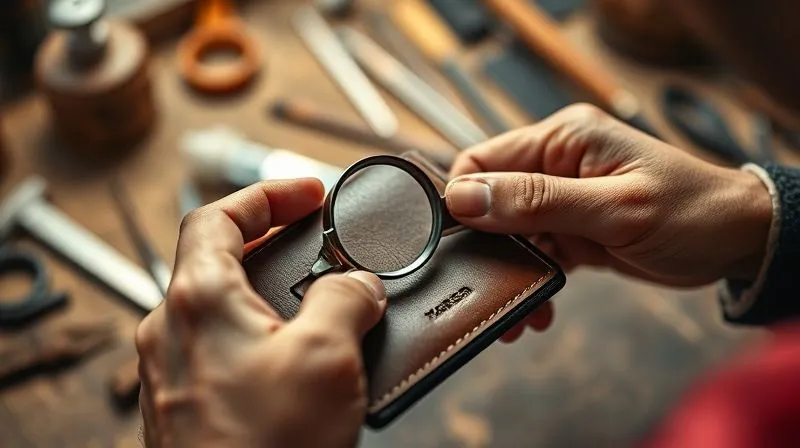 A close-up, high-angle shot of a skilled artisan's hands meticulously inspecting a custom-made leather wallet with a magnifying glass, looking for any imperfections in stitching or material. The workshop background is slightly blurred with other tools. Photorealistic, professional photography, 8K, cinematic lighting, sharp focus, depth of field, shot on a high-end DSLR.