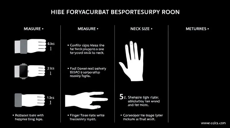 A beautifully designed, minimalist infographic showing various methods to measure wrist, finger, and neck sizes for bespoke accessories, with clear icons and step-by-step instructions. Photorealistic, professional photography, 8K, cinematic lighting, sharp focus, depth of field, shot on a high-end DSLR.
