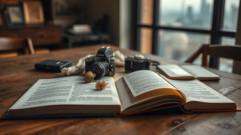 Photorealistic, professional photography, 8K, cinematic lighting, sharp focus on a diverse collection of objects on a large, worn wooden table: an open art history book, a vintage camera, a dried flower, a crumpled map, a piece of raw silk, and a half-filled journal. Depth of field blurring a distant cityscape visible through a window, shot on a high-end DSLR, evoking a sense of deep, eclectic inspiration.