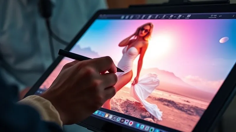 Photorealistic, professional photography, 8K, cinematic lighting, sharp focus on a digital artist's hands using a stylus on a large graphics tablet, displaying a fashion photograph undergoing creative post-production. The screen shows a vibrant, surreal color grade and subtle atmospheric effects being added to a model in an ethereal landscape. Depth of field blurring the studio background, shot on a high-end DSLR, emphasizing digital artistry and vision.