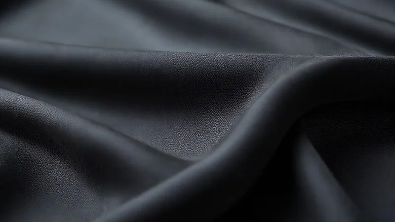 Photorealistic, professional photography, 8K, cinematic lighting, sharp focus, depth of field, shot on a high-end DSLR. Close-up of luxurious, high-stretch, wrinkle-resistant fabric draping elegantly, showcasing its texture and subtle sheen. The fabric is a sophisticated charcoal grey, demonstrating quality and comfort for professional attire.