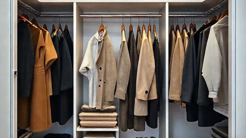 Photorealistic, professional photography, 8K, cinematic lighting, sharp focus, depth of field, shot on a high-end DSLR. A meticulously organized open closet, showcasing a capsule workwear wardrobe with a cohesive color palette of neutrals and one accent color. Garments are neatly hung and folded, emphasizing versatility and quality. Soft, even lighting illuminates the well-curated collection.