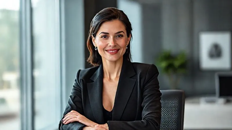Photorealistic, professional photography, 8K, cinematic lighting, sharp focus, depth of field, shot on a high-end DSLR. A confident, poised woman in elegant, comfortable professional attire, seated at a modern desk with a subtle, empowering smile. Her posture is relaxed yet authoritative, conveying a sense of ease and competence. The background is a sophisticated, minimalist office setting.