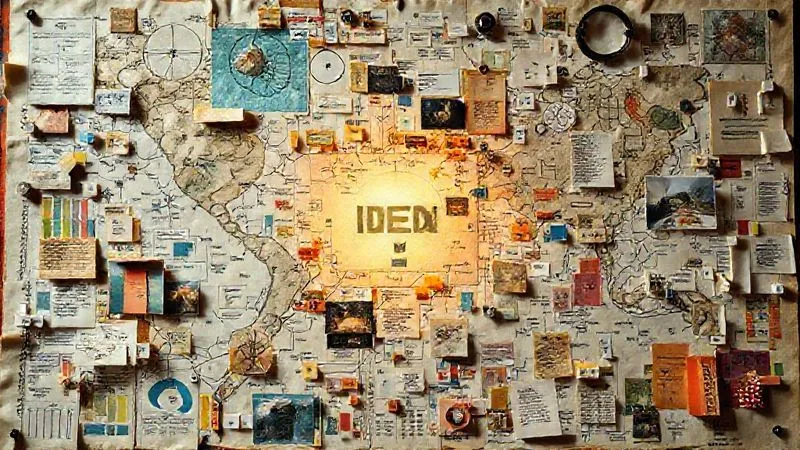A photorealistic, highly detailed, and abstract concept map or mood board, meticulously arranged with diverse, unexpected elements like vintage textiles, scientific diagrams, handwritten notes, faded photographs, and vibrant paint swatches, all converging around a central, glowing idea. Cinematic lighting, sharp focus on the intricate details, depth of field blurring the edges, shot on a high-end DSLR.