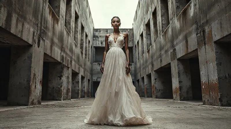 Photorealistic, professional photography, 8K, cinematic lighting, sharp focus, depth of field, shot on a high-end DSLR. A high-fashion model wearing an avant-garde gown, standing amidst the striking, weathered concrete structures of a brutalist architectural complex. The contrast between the delicate fabric and the harsh environment is visually arresting. The model's pose is strong and contemplative, with dramatic shadows and highlights accentuating the textures.
