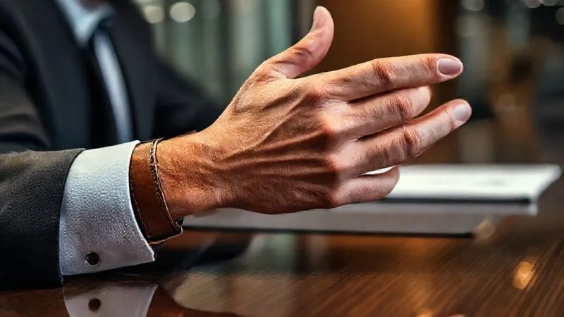 A photorealistic close-up of a confident businessman's hands gesturing slightly during a board meeting, with a luxury watch subtly visible on his wrist, and a glimpse of a perfectly matched leather belt. The image emphasizes the seamless coordination of these elements, conveying professionalism and attention to detail. Cinematic lighting, sharp focus, 8K, shot on a high-end DSLR, depth of field blurring the background of a modern boardroom.