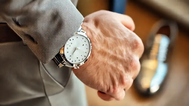 A photorealistic close-up of a businessman's wrist with a classic silver-toned watch, his hand resting near a belt with a matching silver buckle. In the background, subtly blurred, are the silver accents on his polished dress shoes. The image highlights the perfect harmony of metal tones, conveying meticulous attention to detail and sophisticated style. Professional photography, 8K, cinematic lighting, sharp focus, depth of field, shot on a high-end DSLR.