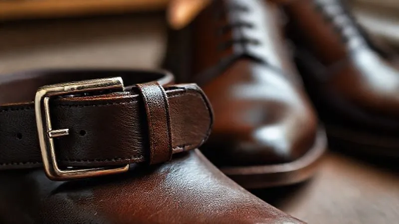 A photorealistic close-up of a high-quality, dark brown full-grain leather belt with a subtle, elegant silver buckle, next to a pair of premium dark brown leather dress shoes, meticulously polished. The image emphasizes the rich texture and craftsmanship, conveying a sense of enduring quality and investment. Professional photography, 8K, cinematic lighting, sharp focus, depth of field, shot on a high-end DSLR.
