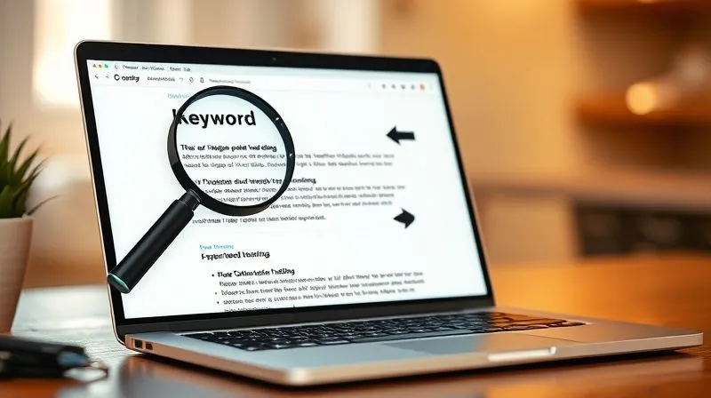 A photorealistic stylized representation of a blog post being crafted on a sleek laptop, with various SEO elements visually highlighted: a magnifying glass over a keyword list, arrows pointing to optimized headings, and a small graph showing rising search traffic. The background is slightly blurred, focusing on the screen, with soft, ambient lighting. Shot on a high-end DSLR, 8K, sharp focus.