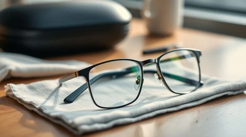 A pair of elegant, modern high-power prescription glasses resting on a pristine microfiber cloth, with a stylish glasses case nearby. The scene is bathed in soft, inviting light, conveying care and sophistication. Photorealistic, professional photography, 8K, cinematic lighting, sharp focus on the glasses, depth of field, shot on a high-end DSLR.