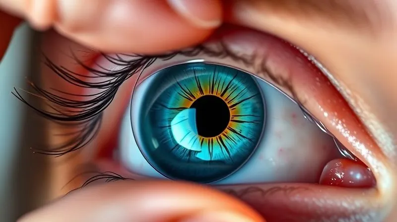 A close-up, photorealistic image of a human eye with a colored contact lens being carefully placed, showing the intricate details of the iris pattern and the limbal ring. The lens appears soft and natural, emphasizing precision and gentle application. Professional photography, 8K, cinematic lighting, sharp focus, depth of field, shot on a high-end DSLR.