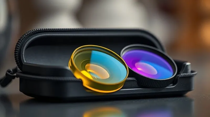 A close-up, photorealistic shot of a contact lens case with fresh solution and a pair of colored contact lenses, emphasizing cleanliness and proper storage. The background is subtly blurred, suggesting a clean, professional environment. Professional photography, 8K, cinematic lighting, sharp focus, depth of field, shot on a high-end DSLR.