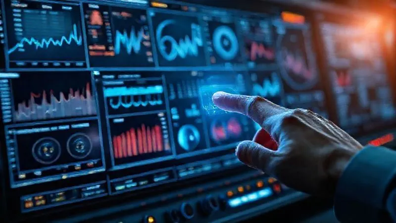 A photorealistic image of a futuristic control panel displaying complex data visualizations, charts, and predictive analytics, with a subtle overlay of a human hand interacting with a holographic interface. Professional photography, 8K, cinematic lighting, sharp focus on the data, depth of field.
