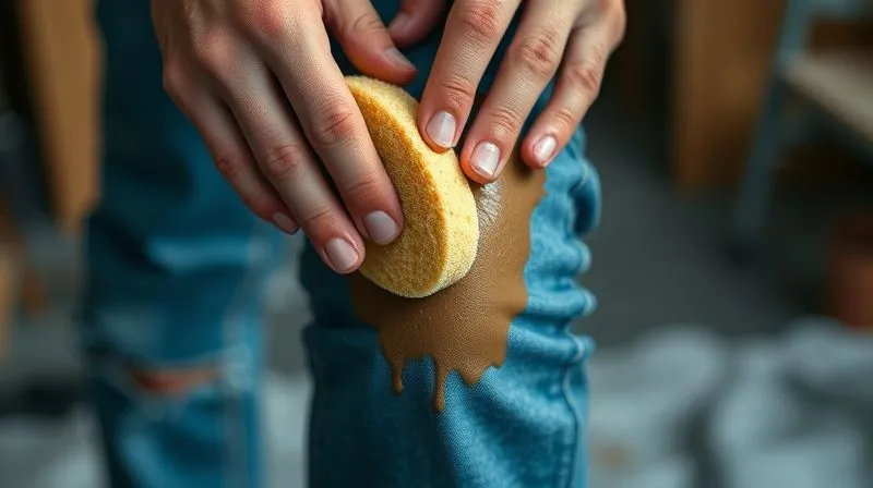 A photorealistic close-up of a costume designer's hands applying a diluted brown paint wash with a sponge to the knee of a denim pant, creating a mud stain effect, cinematic lighting, sharp focus on the hands and fabric, depth of field, 8K hyper-detailed, professional photography, shot on a high-end DSLR.