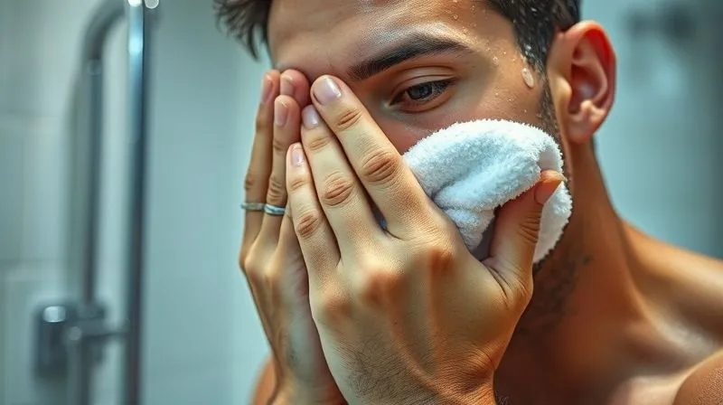 A close-up, photorealistic professional photography shot of a man's hands gently patting his face dry with a soft, white towel after cleansing, with water droplets still visible on his skin. The bathroom is brightly lit with cinematic lighting. 8K hyper-detailed, sharp focus on the hands and face, depth of field blurring the background, shot on a high-end DSLR.