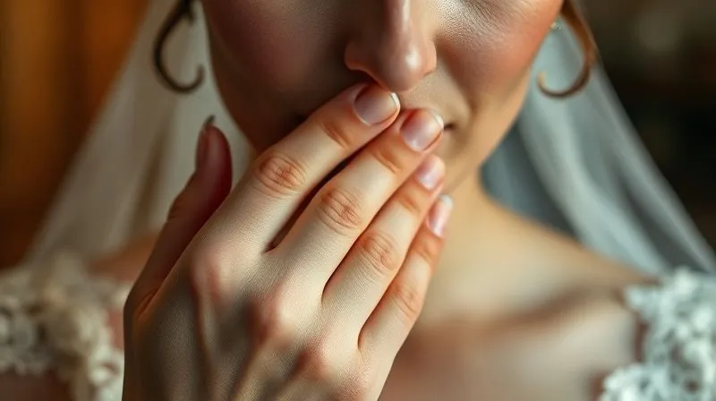 A close-up, photorealistic image of a bride's hand gently applying a cool, damp cloth to her reddened cheek, with a look of mild discomfort but also hope, cinematic lighting, sharp focus on the hand and cheek, depth of field blurring the background, 8K hyper-detailed.