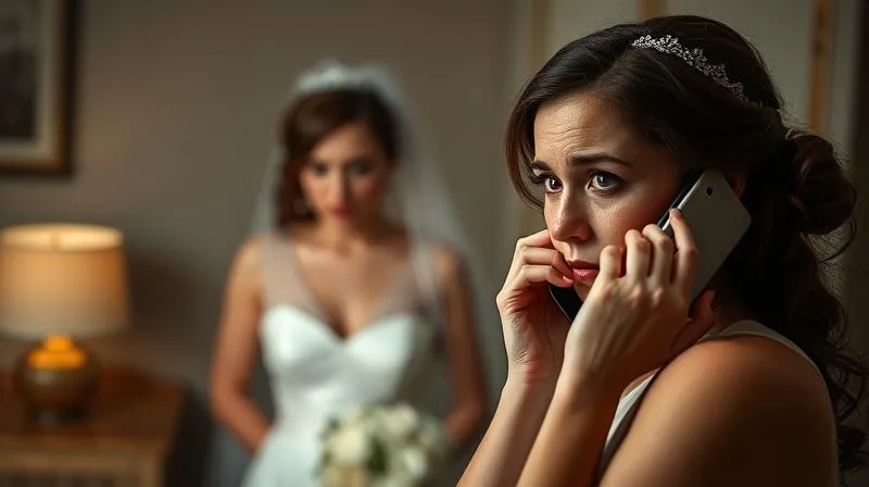 A photorealistic, professional photography shot of a worried but composed bridesmaid on the phone, looking towards a slightly distressed bride in the background, conveying urgency and support, cinematic lighting, sharp focus on the bridesmaid, depth of field blurring the bride, 8K hyper-detailed.