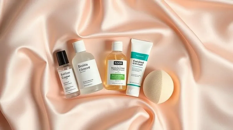 A flat lay, photorealistic, professional photography image of a carefully curated emergency bridal beauty kit laid out on a silk fabric, containing small bottles of cleanser, antihistamines, hydrocortisone cream, green color corrector, and a beauty sponge, with soft, diffused cinematic lighting, sharp focus on the items, depth of field blurring the edges, 8K hyper-detailed.