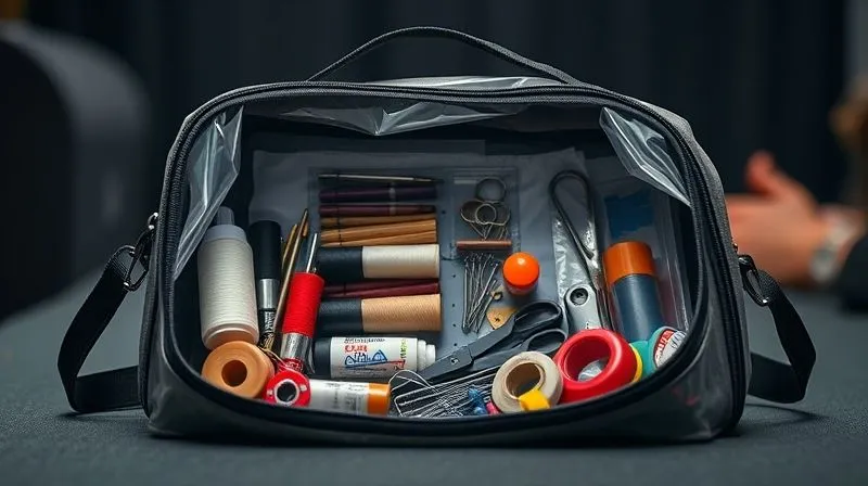 A photorealistic, professional photography, 8K, cinematic lighting, sharp focus, depth of field. A clear, compartmentalized bag lies open backstage, revealing a perfectly organized emergency repair kit for cosplay. Items like assorted needles, spools of black, white, and clear thread, mini scissors, various safety pins, a tube of fabric glue, and a small roll of duct tape are neatly arranged. The background is a softly blurred backstage environment, suggesting urgency and readiness.