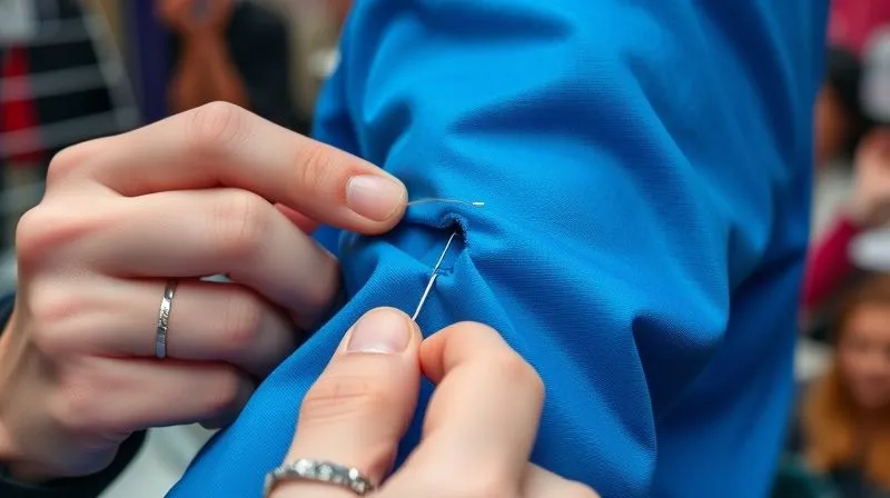 A photorealistic, professional photography, 8K, cinematic lighting, sharp focus, depth of field. A close-up shot of a cosplayer's hands, with a needle and clear monofilament thread, performing a quick, precise whip stitch on a torn seam of a vibrant blue costume. The fingers are nimble and focused, demonstrating urgency and skill. The background is softly blurred, showing a chaotic but organized backstage environment.