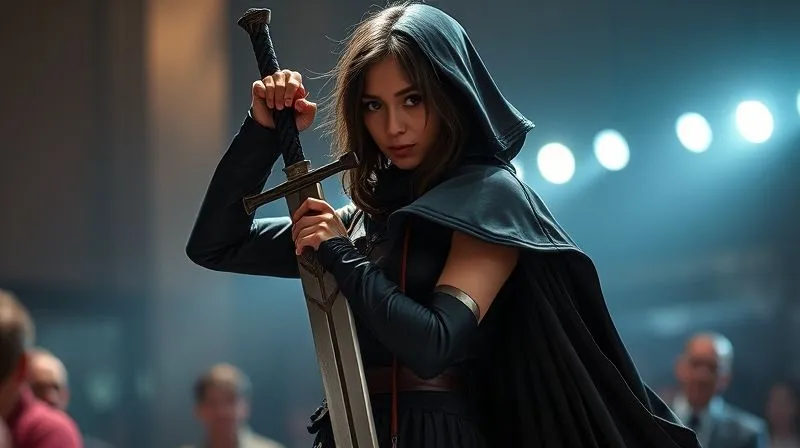 A photorealistic, professional photography, 8K, cinematic lighting, sharp focus, depth of field. A cosplayer in a detailed, slightly damaged costume, backstage. They are subtly adjusting a flowing cape and holding a prop sword in a way that cleverly conceals a visible rip on their costume, demonstrating ingenuity and quick thinking. The lighting highlights their determined expression.