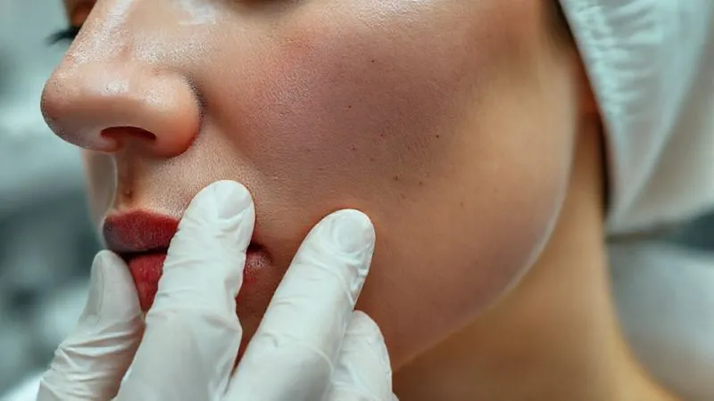 photorealistic, professional photography, 8K, cinematic lighting, sharp focus, depth of field, shot on a high-end DSLR. A close-up of a client's cheek showing mild, uniform redness and slight puffiness after a cosmetic treatment. A professional's gloved hand gently touches the skin, demonstrating a careful assessment. The background is a blurred, sterile clinic environment. Emotionally resonant with careful observation and concern.