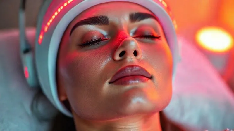 photorealistic, professional photography, 8K, cinematic lighting, sharp focus, depth of field, shot on a high-end DSLR. A close-up of a client's face under a professional red LED light therapy mask, with a soft, warm glow illuminating their skin. The client's eyes are protected, and their expression is serene and relaxed. The background is a blurred, modern spa treatment room. Emotionally resonant with calm, healing, and advanced care.