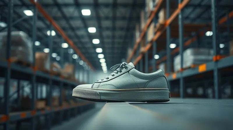 A close-up of a single stylish, but slightly dusty, casual sneaker looking out of place on a bare, dimly lit shelf in a vast, empty warehouse. The shoe is in sharp focus, 8K, cinematic lighting, professional photography, depth of field.